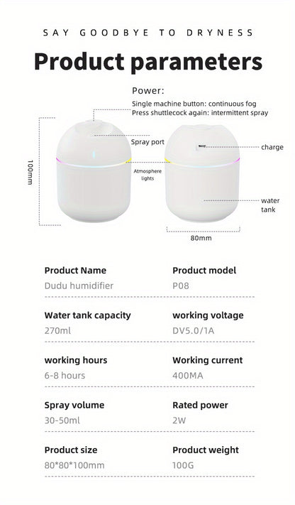 270ML Air Humidifier Cool Mist Aroma Diffuser LED Night Light  power-off protect USB Humidificador For Home Office